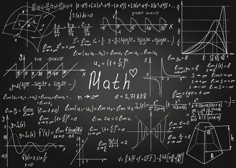 Mathematical white formulas drawn by hand on the black chalkboard for the bac Stock Illustration