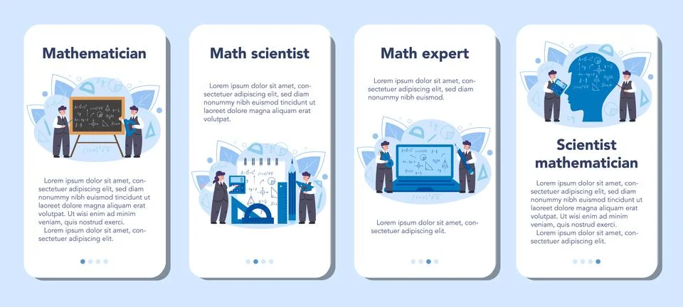 Mathematician mobile application banner set. Mathematician seek Ilustración de archivo