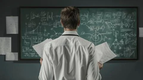 Mathematician studying math formulas on the chalkboard Stock Photos