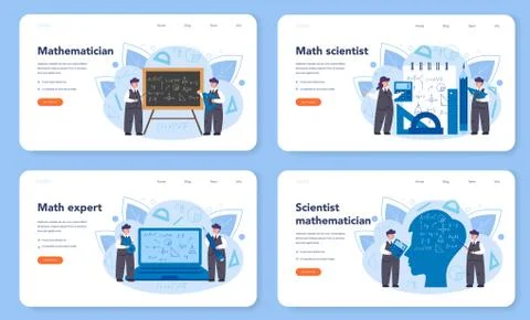 Mathematician web banner or landing page set. Mathematician seek Ilustración de archivo