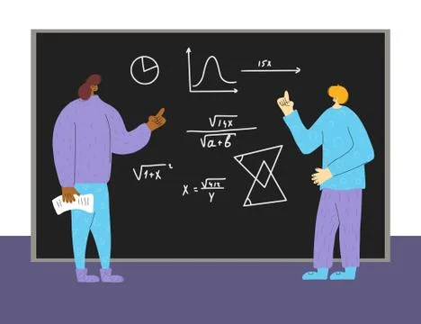 Mathematicians explaining diagram, theorem and notes to each other. Men discu Stock Illustration