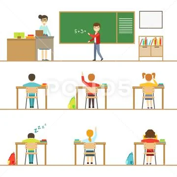 Mathematics Classroom And Kids Behind The Desks Set Of Illustrations Stock Illustration