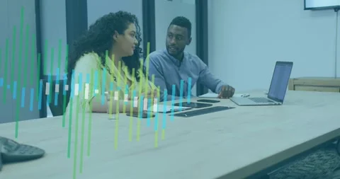 Mathematics concept icons against mid section of diverse businesswomen using Stock Footage 329223110