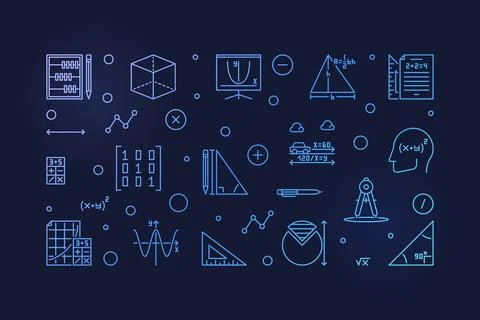 Mathematics Education vector line horizontal blue banner. Math concept outl.. Stock Illustration
