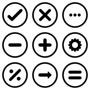 Mathematics incorrect right plus icon set circle outline Stock Illustration
