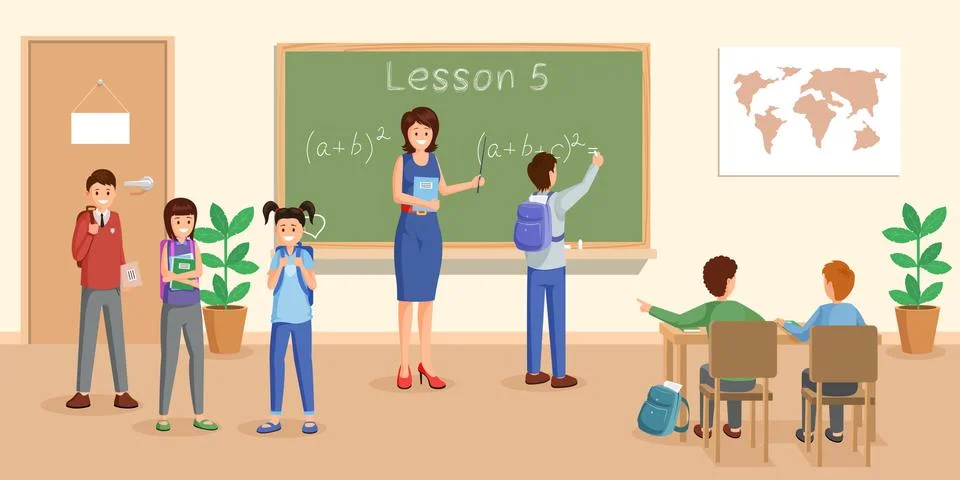 Mathematics lesson flat vector illustration. Cheerful teacher at chalkboard Stock Illustration