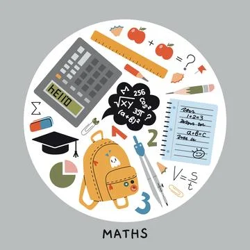 Mathematics lesson at school, science. Round art with calculator, backpack, m Stock Illustration