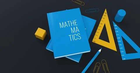 Mathematics study set with textbooks in dark background 3d render Stock Illustration