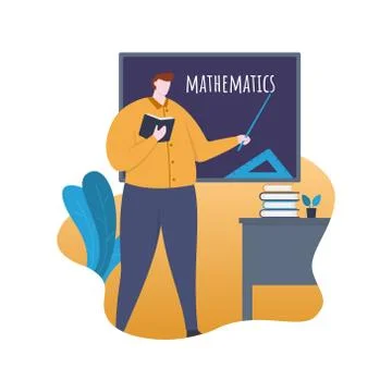 Mathematics Teacher Standing in front of Classroom with Blackboard Flat Illus Stock Illustration