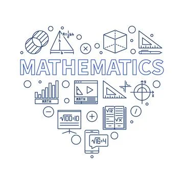 Mathematics vector outline minimal heart-shaped banner. Math Science line i.. Stock Illustration
