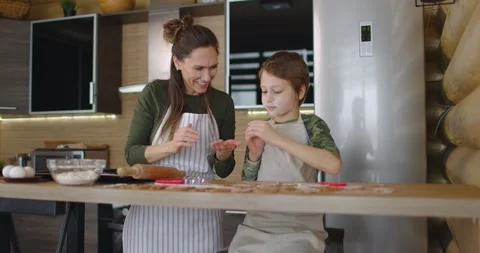 Mather have fun with son on kitchen. They preparing Christmas cookiesand pours Stock Footage 169821417
