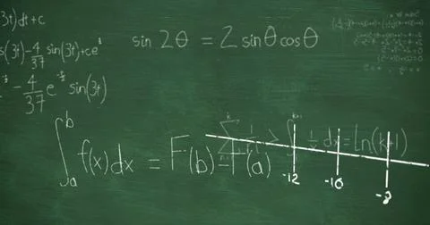 Mathmatical calculations written in chalk floating above green chalkboard Ilustração Stock