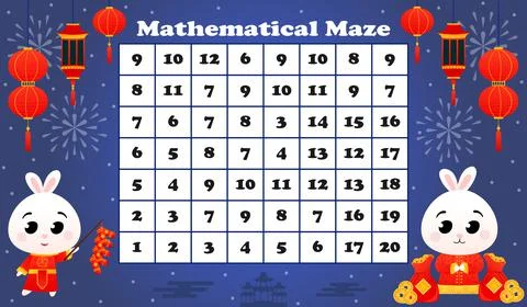 Mathmetical maze for kids with rabbit with firecrackers and lucky bags, money Stock Illustration