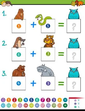 Maths addition educational game with animals Cartoon Illustration of Educa... Stock Photos