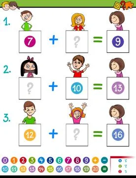 Maths addition educational game with funny kids Cartoon Illustration of Ed... Stock Photos