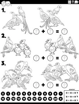 Maths addition educational task with birds characters Illustrazione stock