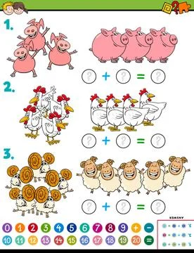Maths addition educational task with farm animals Cartoon Illustration of ... Stock Photos
