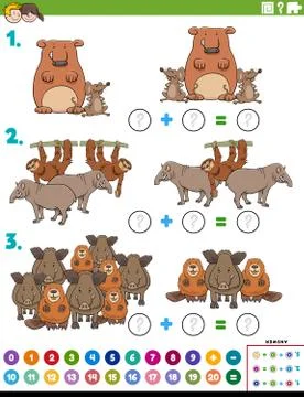 Maths addition educational task with wild animals Stockillustratie