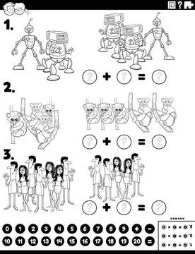 Maths addition task with cartoon characters coloring book page Black and W... Stock Photos