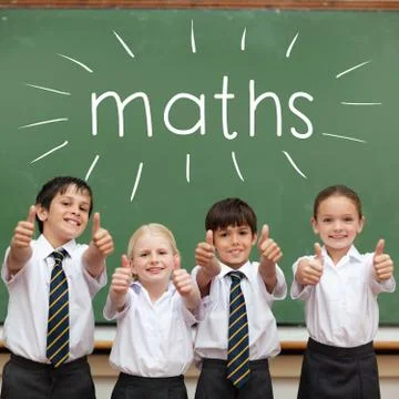 Maths against cute pupils showing thumbs up in classroom Stock Illustration