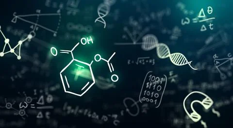 Maths and Science formula on black board. 3D illustration. Stock Illustration