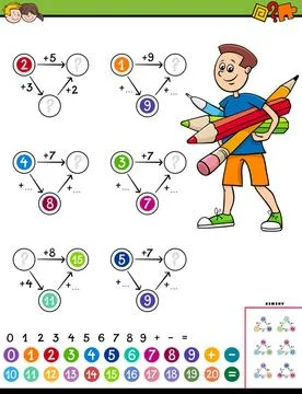 Maths calculation educational worksheet for children Cartoon Illustration ... Stock Photos