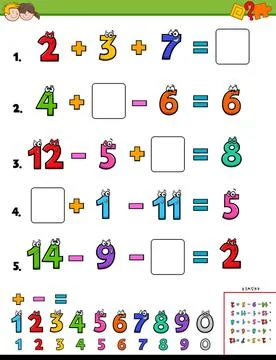 Maths calculation educational worksheet for children Cartoon Illustration ... Stock Photos