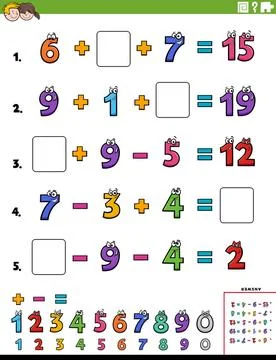 Maths calculation educational worksheet page for kids Cartoon Illustration... Stock Photos