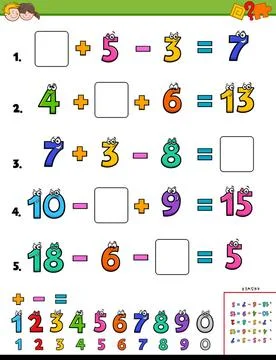 Maths calculation educational worksheet for school kids Cartoon Illustrati... Stock Photos