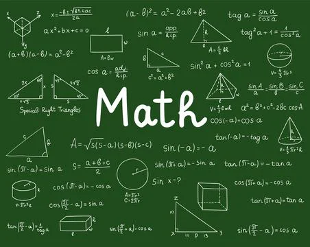 Maths doodle. Hand drawn mathematics formulas on chalkboard for background Illustrazione stock