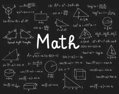 Maths doodle. Hand drawn mathematics formulas on chalkboard for background Illustrazione stock