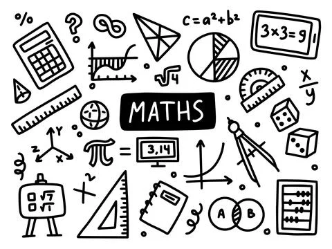 Maths doodle line set school university. Outline subject. Stock Illustration