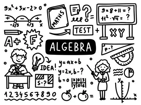 Maths doodle line set school university. Algebra Outline subject. Mathematics. Stock Illustration