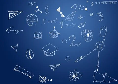 Maths formulas written by white chalk on the chalkboard background. Foto stock