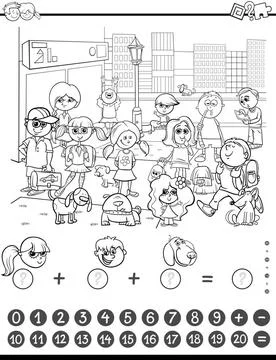 Maths game coloring book Black and White Cartoon Illustration of Education... Stock Photos