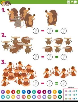 Maths subtraction educational task with animals Cartoon Illustration of Ed... Stock Photos