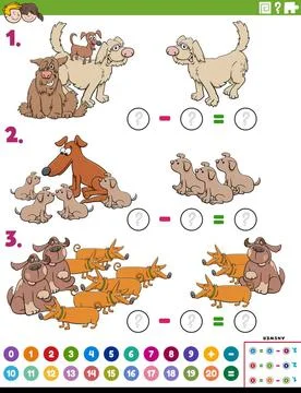 Maths subtraction educational task with cartoon dogs Cartoon illustration ... Stock Photos