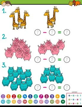 Maths subtraction educational task for children Cartoon Illustration of Ed... Stock Photos