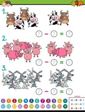 Maths subtraction educational task for children Cartoon Illustration of Ed... Stock Photos
