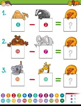 Maths subtraction game with animals Cartoon Illustration of Educational Ma... Stock Photos