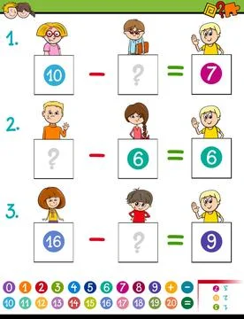 Maths subtraction game with farm animals Cartoon Illustration of Education... Stock Photos