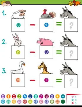 Maths subtraction game with farm animals Cartoon Illustration of Education... Stock Photos
