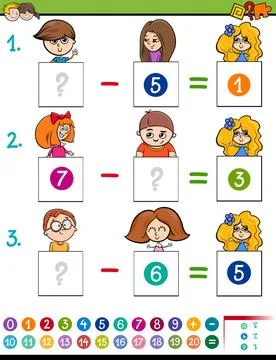 Maths subtraction game with kid characters Cartoon Illustration of Educati... Stock Photos