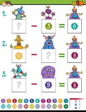 Maths subtraction game with monster characters Cartoon Illustration of Edu... Stock Photos