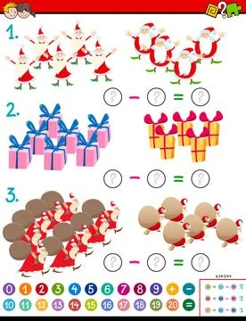 Maths subtraction task for kids with Christmas characters Cartoon Illustra... Stock Photos
