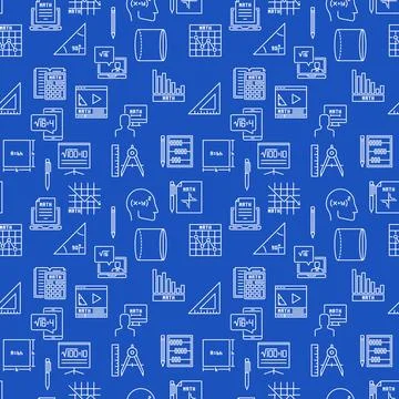 Maths thin line blue seamless background - Mathematics vector outline pattern Stock Illustration