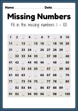 Maths worksheet for nursery, missing numbers 1 to 100 printable sheet Stock Illustration
