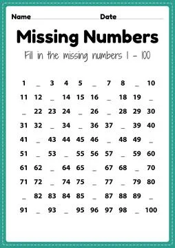 Maths worksheets, missing numbers 1 to 100 printable sheet for preschool Stock Illustration