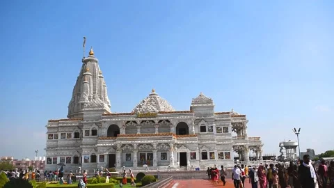 Mathura Vrindavan temple, prem mandir with blue sky Stock Footage 230977249