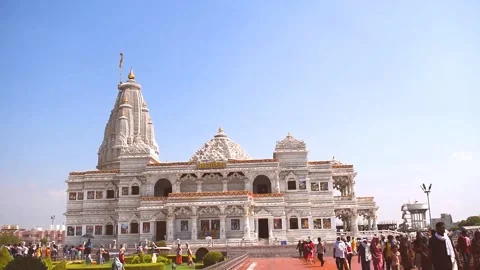 Mathura Vrindavan temple, prem mandir with blue sky Stock Footage 230977266